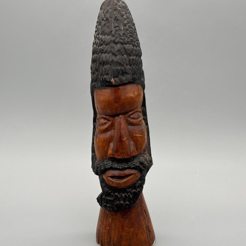 Vintage Hand Carved Wood Tribal Head Sculpture 12" Tall African Style Bust Decor
